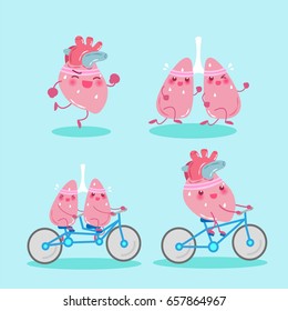 cartoon lung and heart do exercise on the green background