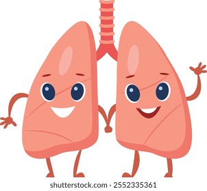 Pulmones de dibujos animados tomados de la mano y sonriendo, promoviendo la salud y el bienestar respiratorios, proporcionando imágenes atractivas para materiales educativos o de salud