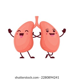 Cartoon lungs human body organ character. Cute vector healthy and happy personage, part of respiratory system. Learning anatomy with kids, funny science for children education, isolated smiling lungs