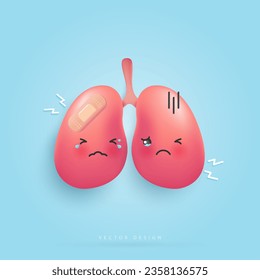 Cartoon lungs is hurt and sad unhealthy Infected lungs  affects health. health care, hospital. cartoon character style. vector design.