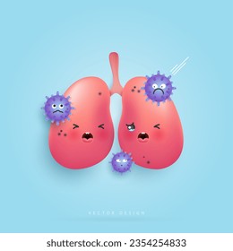 Cartoon lungs infected by virus or Germs. lungs infected with tubercle. health care, prevention disease concept. espiratory system infection. vector design.