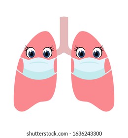 Cartoon lungs wearing protection face mask over white background. 2019-nCov novel coronavirus outbreak concept. Human respiratory system with unhealthy internal organ. Asian flu outbreak symbol. 