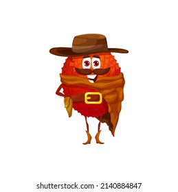 Cartoon lychee bandit or robber character. Vector cowboy ranger tropical fruit, wild west hero in hat, boots, bandana and holster on belt. Western personage, lychee horseman cowboy