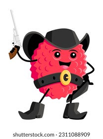 Cartoon lychee bandit or robber character. Vector cowboy, ranger or bandit tropical fruit, wild west hero in hat, boots, and holster on belt. Western healthy food personage, lichi horseman vitamin