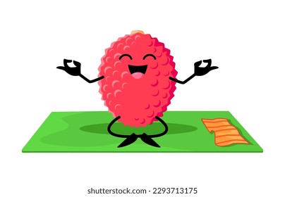 Cartoon lychee fruit character on yoga fitness. Funny and happy smiling tropical fruit vector personage meditating in lotus pose, lychee mascot or isolated character practicing yoga on mat