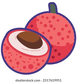 Desenho animado lichia clipe de frutas arte vetor plana ilustração, litchi fatia inteira e metade, litchee design ícone, litchi chinensis imagem, buah leci isolado no branco, asiático popular fruta