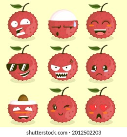 cartoon lychee fruit vector illustration with expression