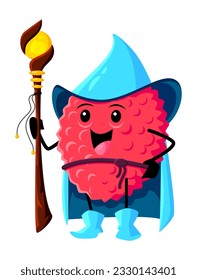 Cartoon lychee tropical fruit wizard, warlock or mage character. Funny vector sorcerer, magic personage in witch hat and cape holding staff. Smiling ripe healthy wiz fruit enchanter or necromancer