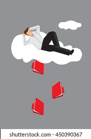 Cartoon lying on cloud in a relax manner unaware of document files coming out from cloud. Creative vector illustration on metaphor for information leakage over cloud technology.