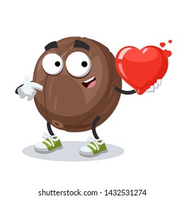 cartoon macadamia nut in shell character mascot keeps the heart on white background