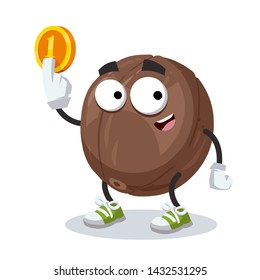cartoon macadamia nut in shell mascot keeps the coin on white background