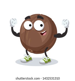cartoon macadamia nut in shell mascot shows its strength on a white background