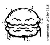 A cartoon macaron drawn in a spray-painted style with a happy face and dripping paint.