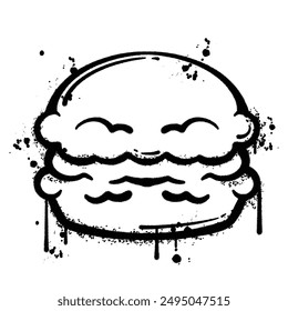 A cartoon macaron drawn in a spray-painted style with a happy face and dripping paint.