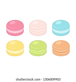 Conjunto de macarrones de dibujos animados. Galletas de almendras de diferentes colores, Ilustración vectorial aislada.