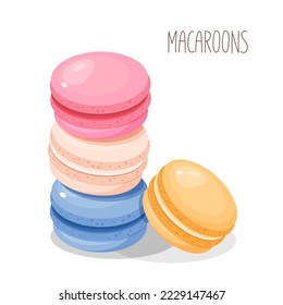 Macarons de caricatura de diferentes sabores. Ilustración del vector
