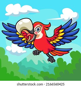 cartoon macaw bird flying above the clouds.