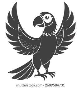 Cartoon Macaw Bird With Open Wings Vector Illustration Silhouette On White