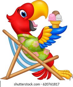 Cartoon macaw sitting on beach chair and eating an ice cream