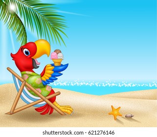 Cartoon macaw sitting on beach chair and eating an ice cream