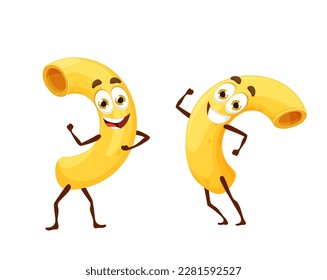 Cartoon maccheroni pasta characters. Cheerful lively macaroni personages dance. Vector Italian gourmet food kawaii emoticon. Lovable and charming dinner emoji, entertaining noodle dancer dish of Italy