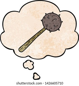 cartoon mace with thought bubble in grunge texture style