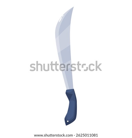 Cartoon machete knife pointing downward, featuring a large, sharp blade and a blue handle, isolated on white