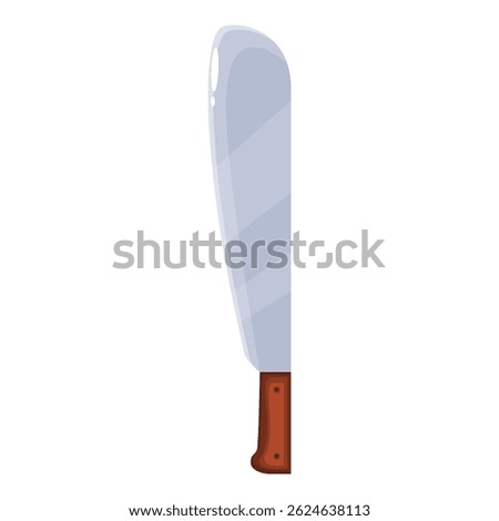 Cartoon machete knife pointing upwards with wooden handle and sharp blade, isolated on white background