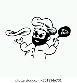 cartoon macot of Chef with a bread dough, hat and glasses