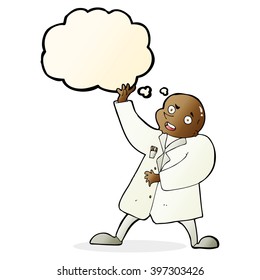 cientista loco de caricatura con burbuja de pensamiento