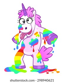 Cartoon mad unicorn soiled liquid rainbow. Bizarre and crazy illustration.