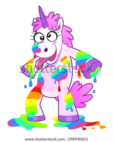 Cartoon mad unicorn soiled liquid rainbow. Bizarre and crazy illustration.