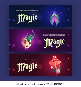 Cartoon magic banners with witch or wizard esoteric items pinned fly, animal skull with plant and fly agaric mushroom. Background for game interface, sorcerer and mage education, Vector illustration