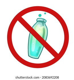 Cartoon magic bottle in a prohibition sign. The potion is banned. Danger of poisoning. The ban on experiments and alchemy. Vector forbidden icon for sticker and sign