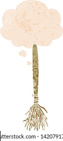cartoon magic broom with thought bubble in grunge distressed retro textured style