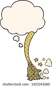 cartoon magic broom with thought bubble in comic book style