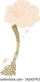cartoon magic broom with thought bubble in grunge distressed retro textured style