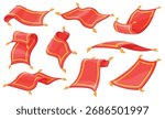 Cartoon magic carpet. Flying rug, arabic red carpets aladdin arabian fairytale fantasy sorcery mat rugs plane oriental vintage game animation poses set neat vector illustration original artwork