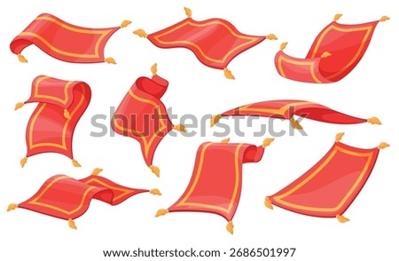 Cartoon magic carpet. Flying rug, arabic red carpets aladdin arabian fairytale fantasy sorcery mat rugs plane oriental vintage game animation poses set neat vector illustration original artwork
