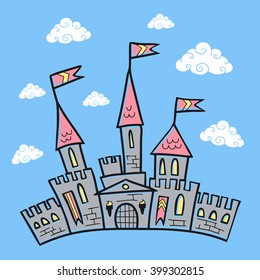 cartoon magic castle on blue background with clouds