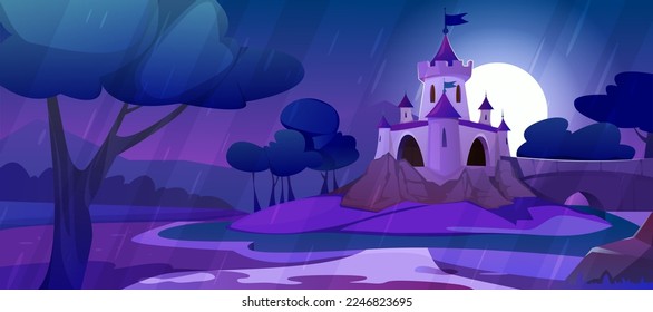 Cartoon magic castle on hill at rainy weather. Landscape of fairy tale kingdom in moon light at night. Medieval palace with turrets, water stream, trees, field and bridge with road to royal chateau.