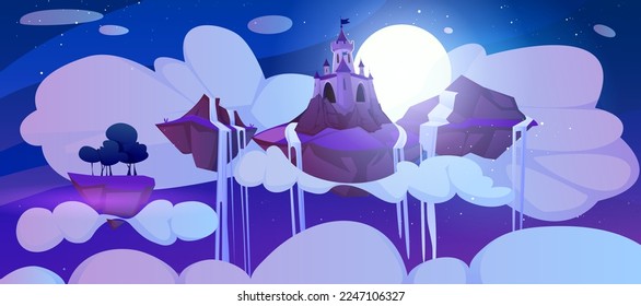 Caricatura mágica castillo y cascada en la isla flotante por la noche. Paisaje de un reino de cuento de hadas volando en un cielo oscuro. Palacio real medieval con torrecillas en trozo de roca flotan a medianoche de luna llena.