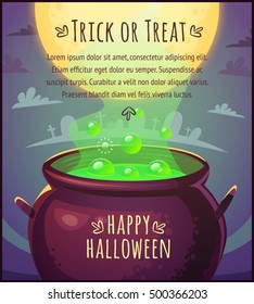 Cartoon magic cauldron full of potion with floating bubbles on full moon sky background Happy Halloween poster Trick or treat greeting card Vector illustration