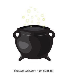 Cartoon magic cauldron with green witch potion and steam. Minimalist isolated vector illustration on white background.