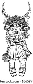 Cartoon magic character, cute new year little cow, with long horns and big ears, with pigtails and a wreath of cones, with Christmas toys and garland, in dress and fur socks, with orange in hand.