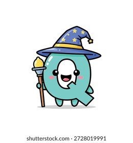 Personagem mágico de desenho animado com chapéu estrelado e varinha na mão isolado em fundo transparente