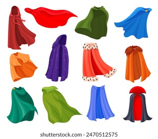 Cartoon magic cloaks. Medieval mantles with hood, carnival costumes clothes comic hero cape king mantle wizard vampire dracula cloak festive costume event, neat vector illustration