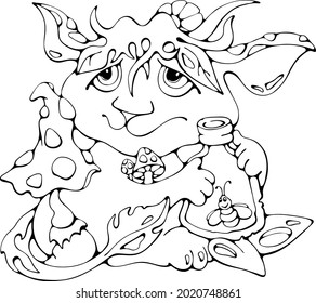 Cartoon Magic Creature with a bug in a bottle, black and white isolated vector doodle stock illustration, cute print for coloring, books, greeting or invitation card, fabric, logo, web design or apps