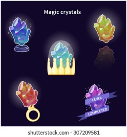 Cartoon magic crystals - blue, yellow, red, purple colors. Different icons on black background. Vector illustration.