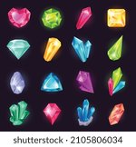 Cartoon magic crystals and precious gems, raw material gemstones. Glowing crystal, shiny jewel stone, fantasy gemstone for game vector set. Colorful glossy gaming elements of different forms